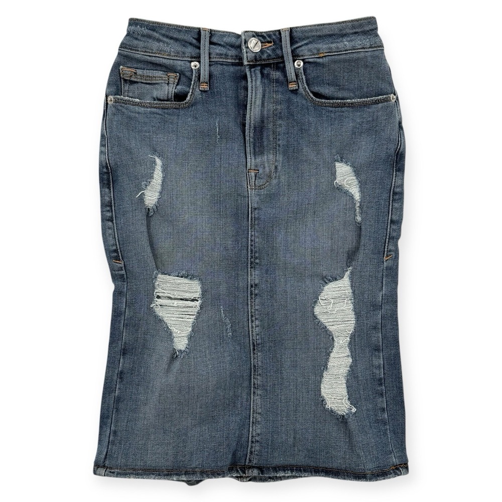 Good American Distressed Denim Pencil Skirt - Blue
